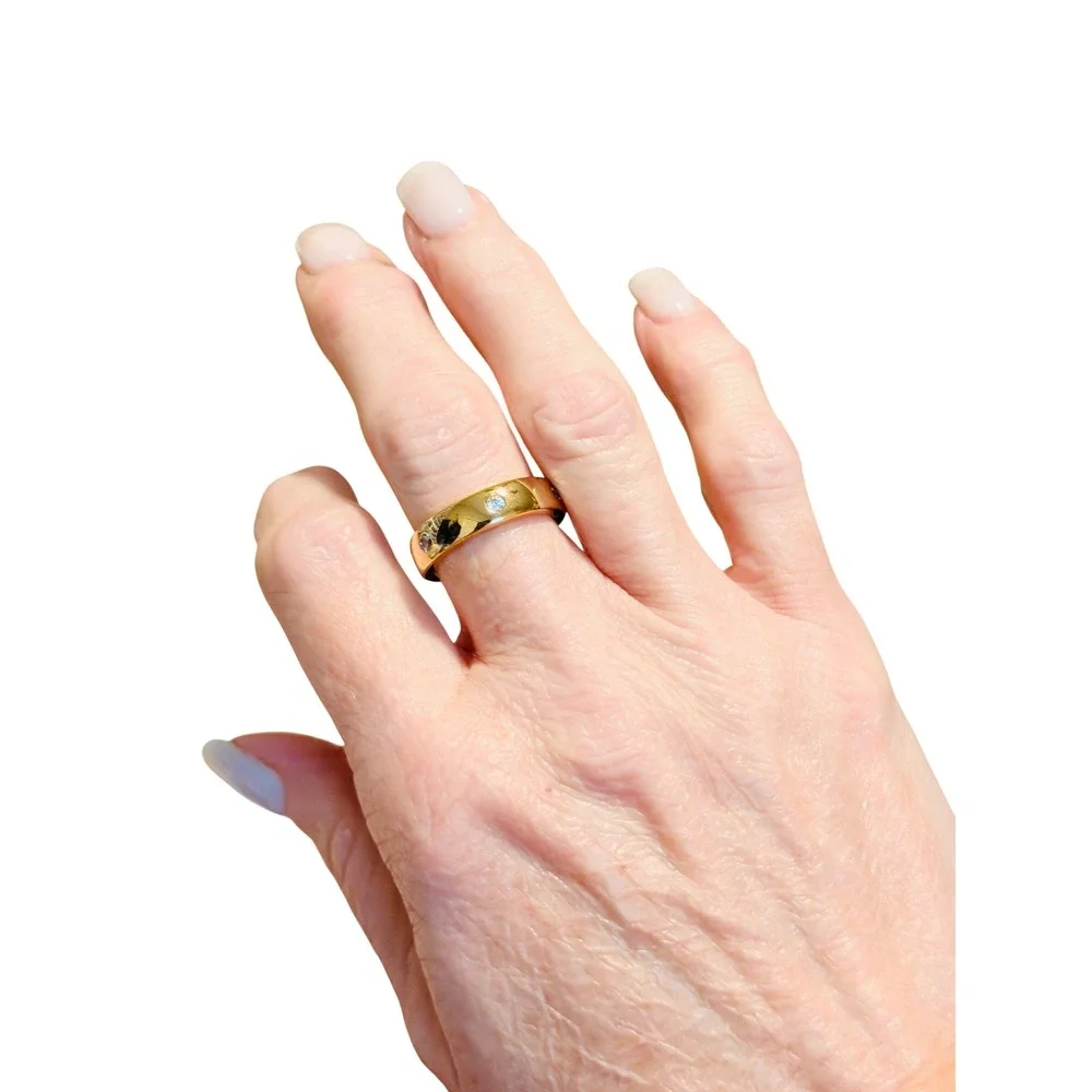 Gold Tone Cigar Band Ring with Three Clear Crystals Women Jewelry Sparkle SZ 6